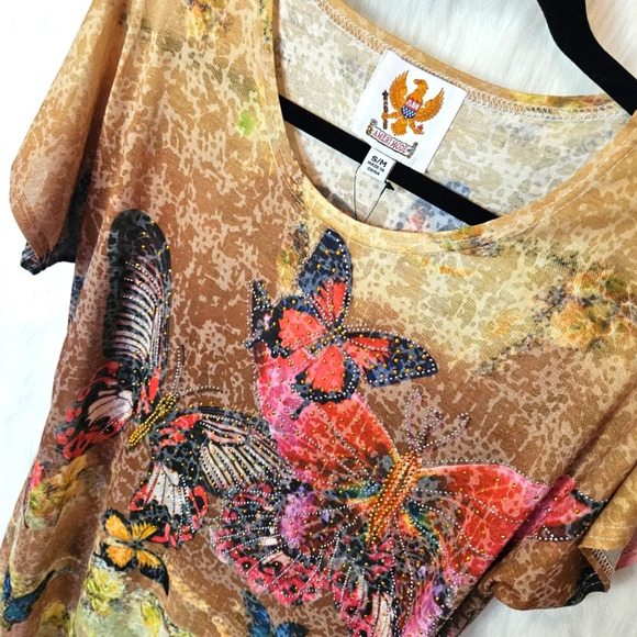 Ameri Mode Yellow Butterflies Bejeweled Vintage Tunic - Picture 2 of 5